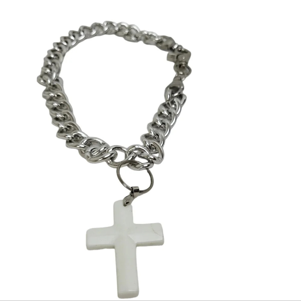 Silver Chain White Cross Necklace